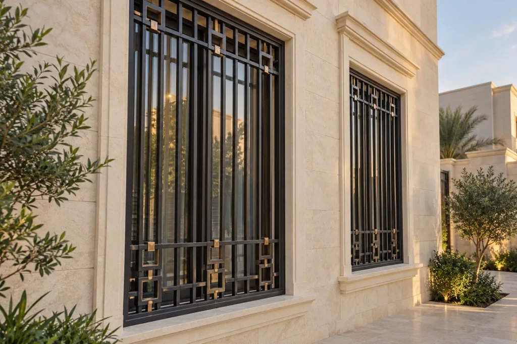 شبابيك حديد بتصميم هندسي مركبة على واجهة فيلا