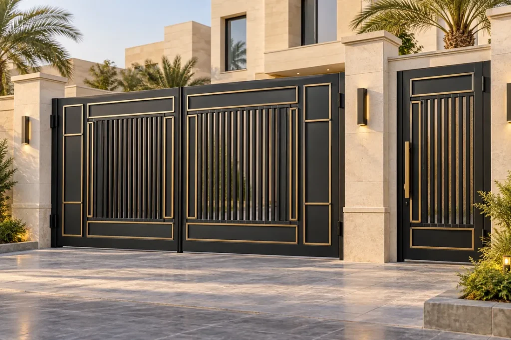 بوابة حديد مزدوجة مع باب مشاة لمدخل فيلا